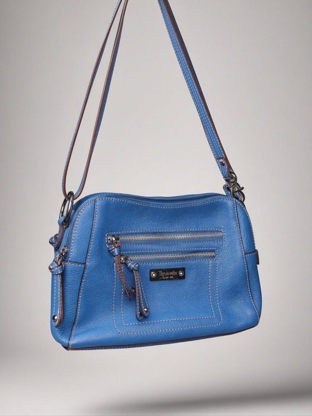 Tignanello Blue Pebbled Leather Multi-Zip Crossbody Bag - Excellent Condition